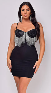 Electra Black Rhinestone Fringe Mini Dress